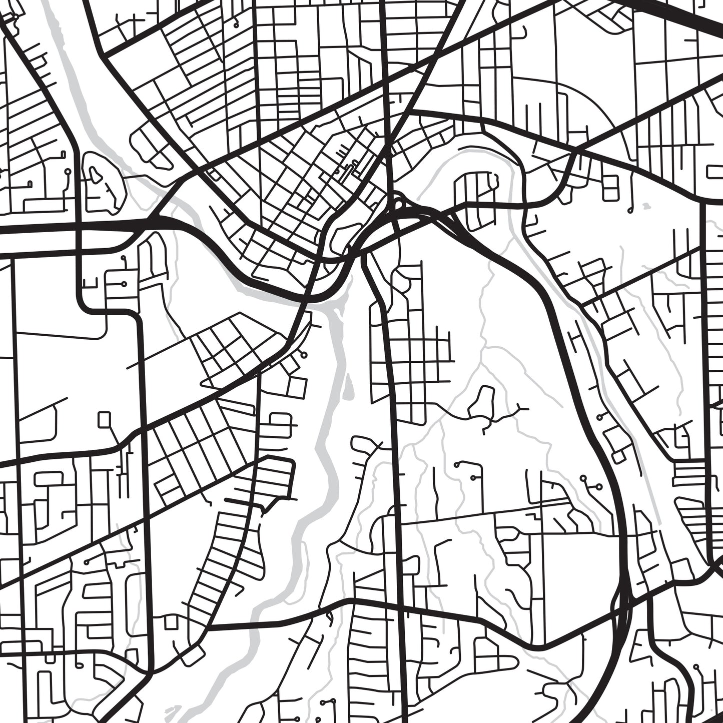 A detailed close up of the roads and waterways of St. Catharines, Ontario.