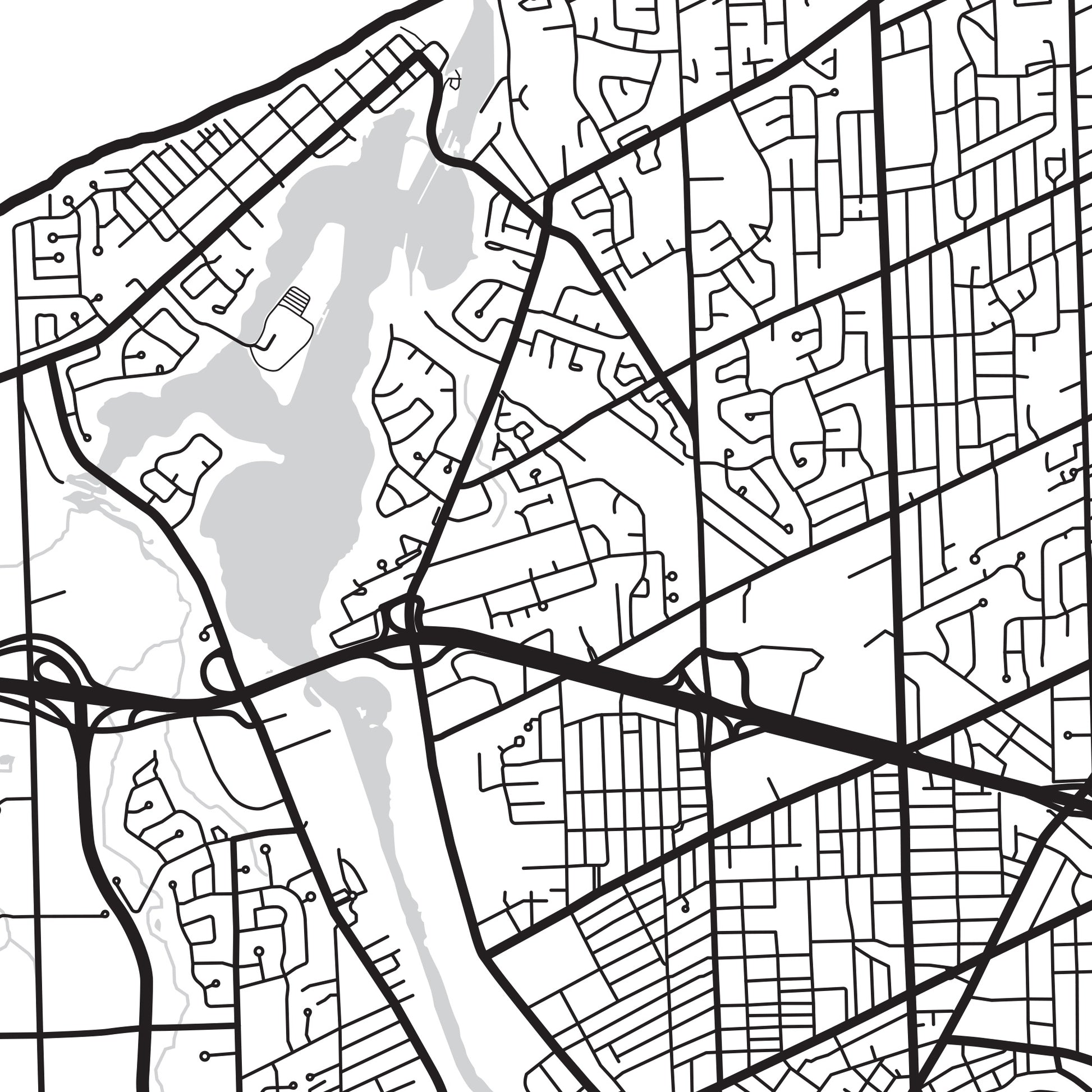 A detailed close up of the roads and waterways of St. Catharines, Ontario.