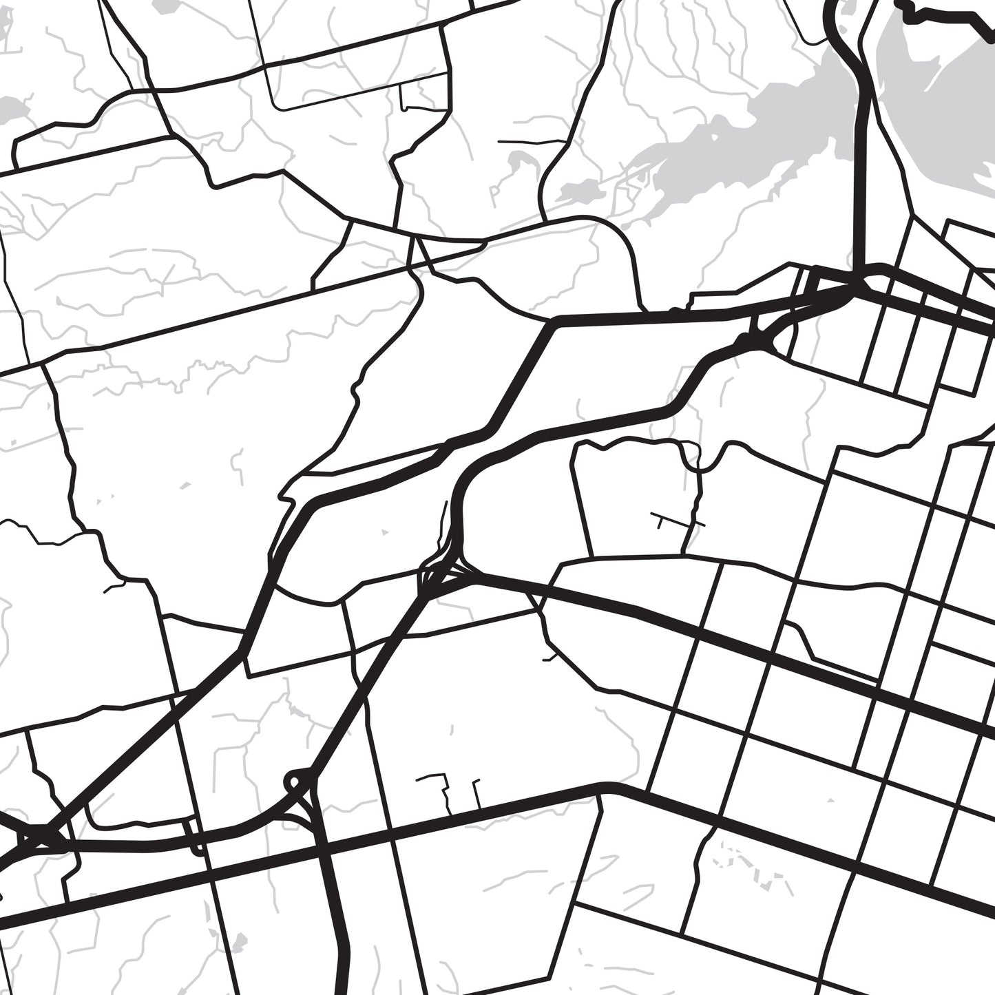 A detailed close up of the roads and waterways of Hamilton, Ontario.