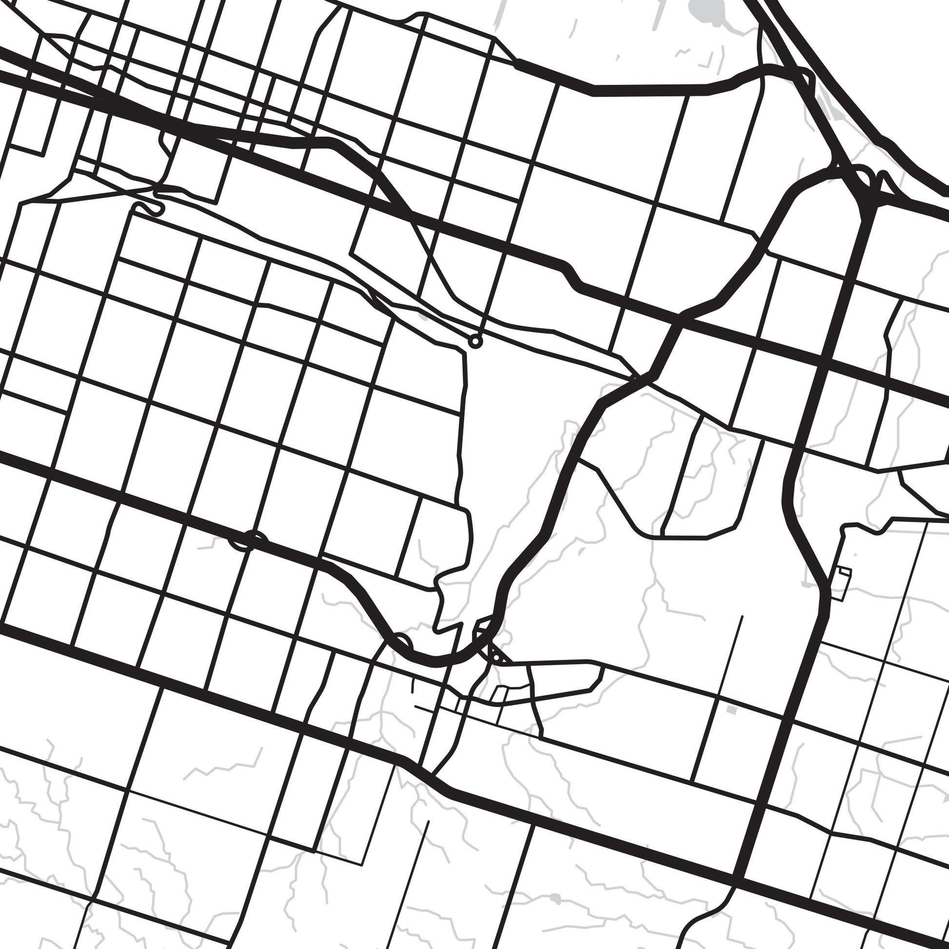 A detailed close up of the roads and waterways of Hamilton, Ontario.