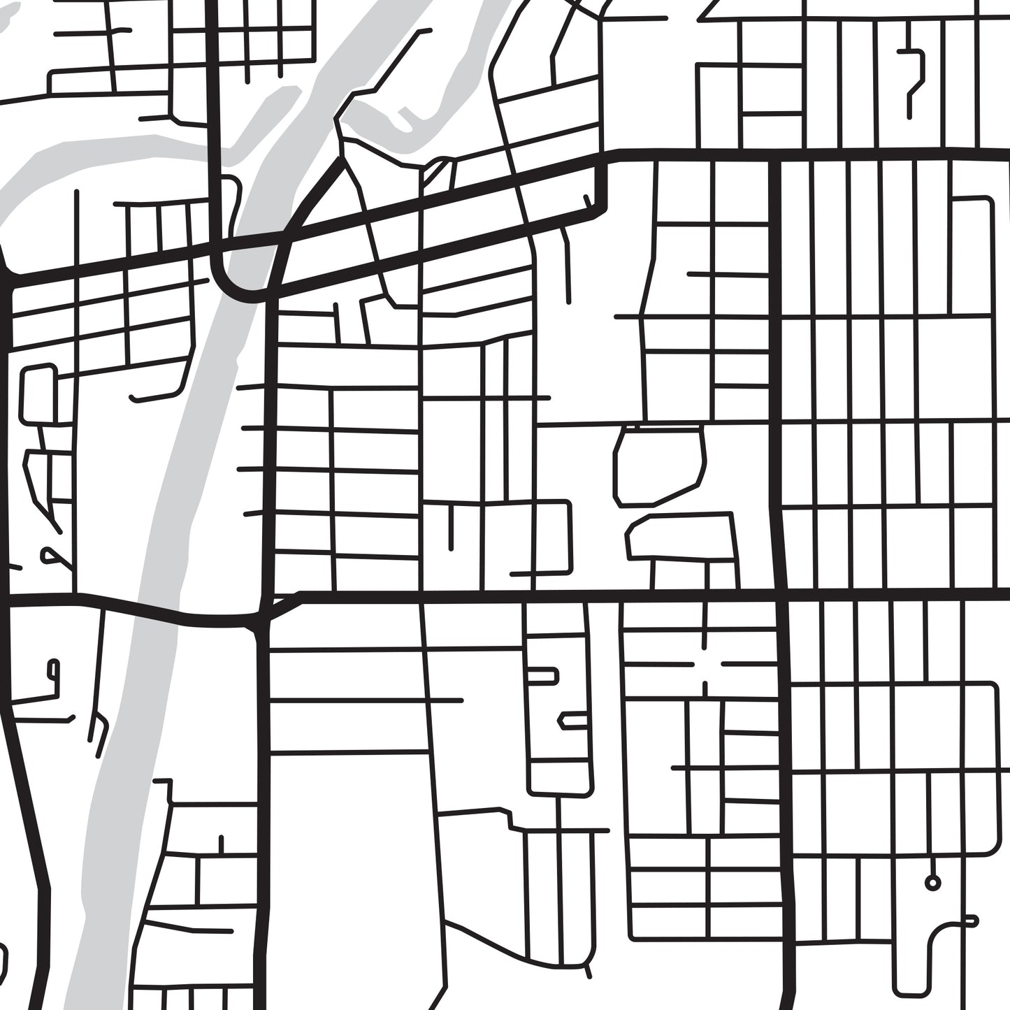 A detailed close up of the roads and waterways of Welland, Ontario.