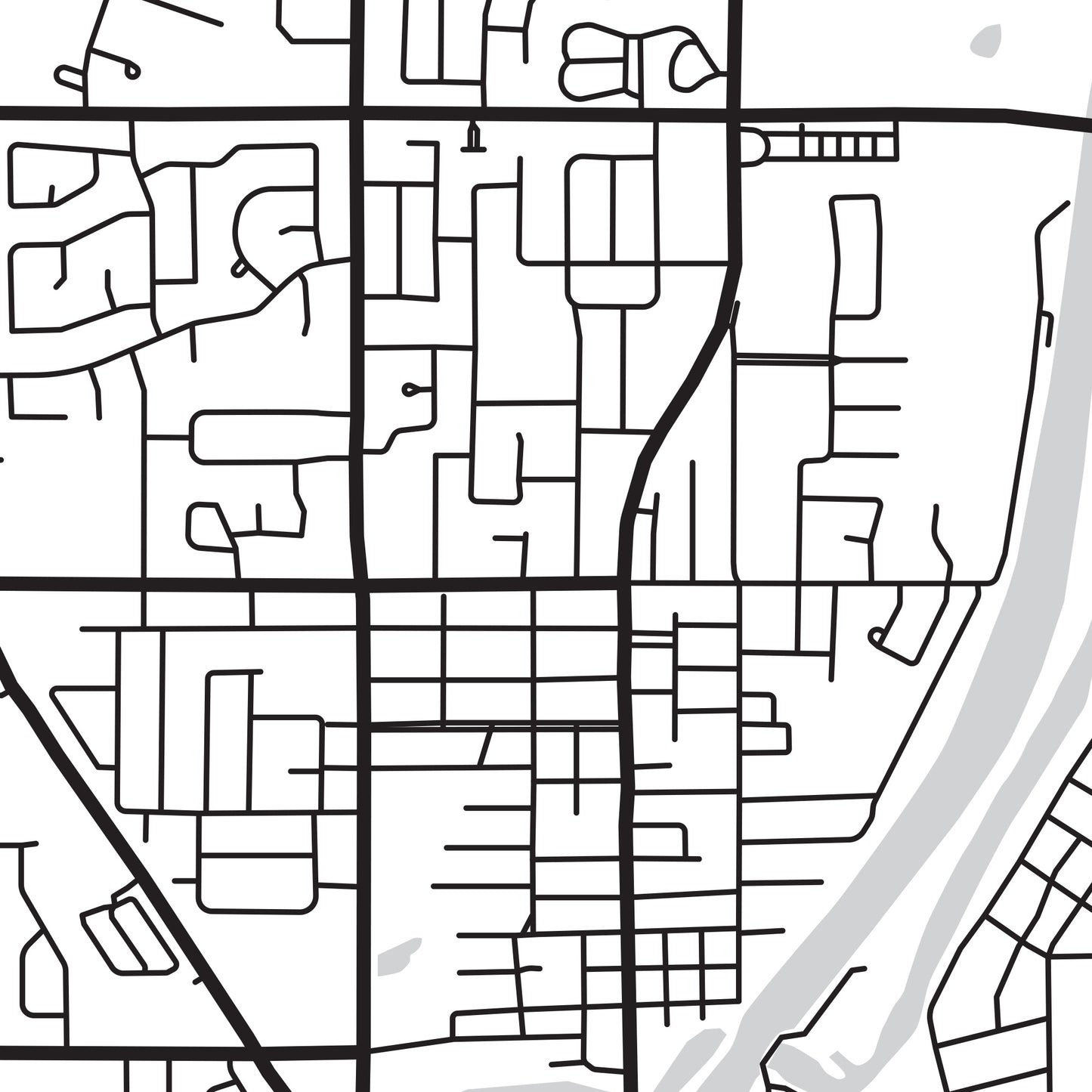 A detailed close up of the roads and waterways of Welland, Ontario.