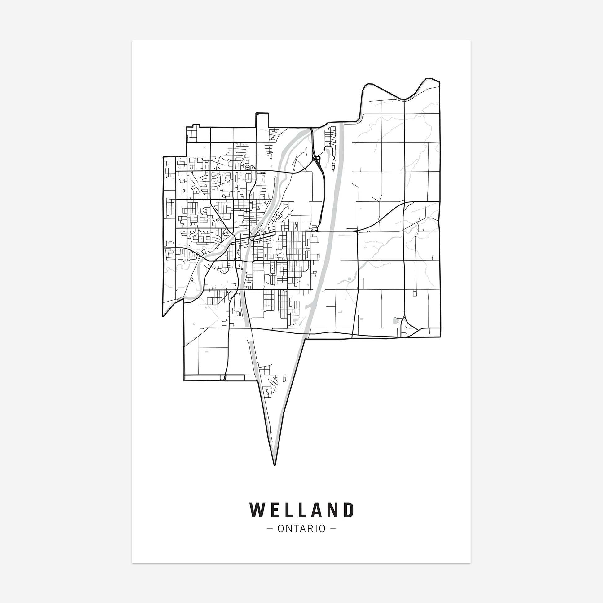 A map of Welland, Ontario; a municipality in the Niagara Region.