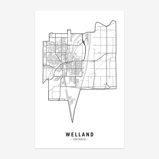 A map of Welland, Ontario; a municipality in the Niagara Region.