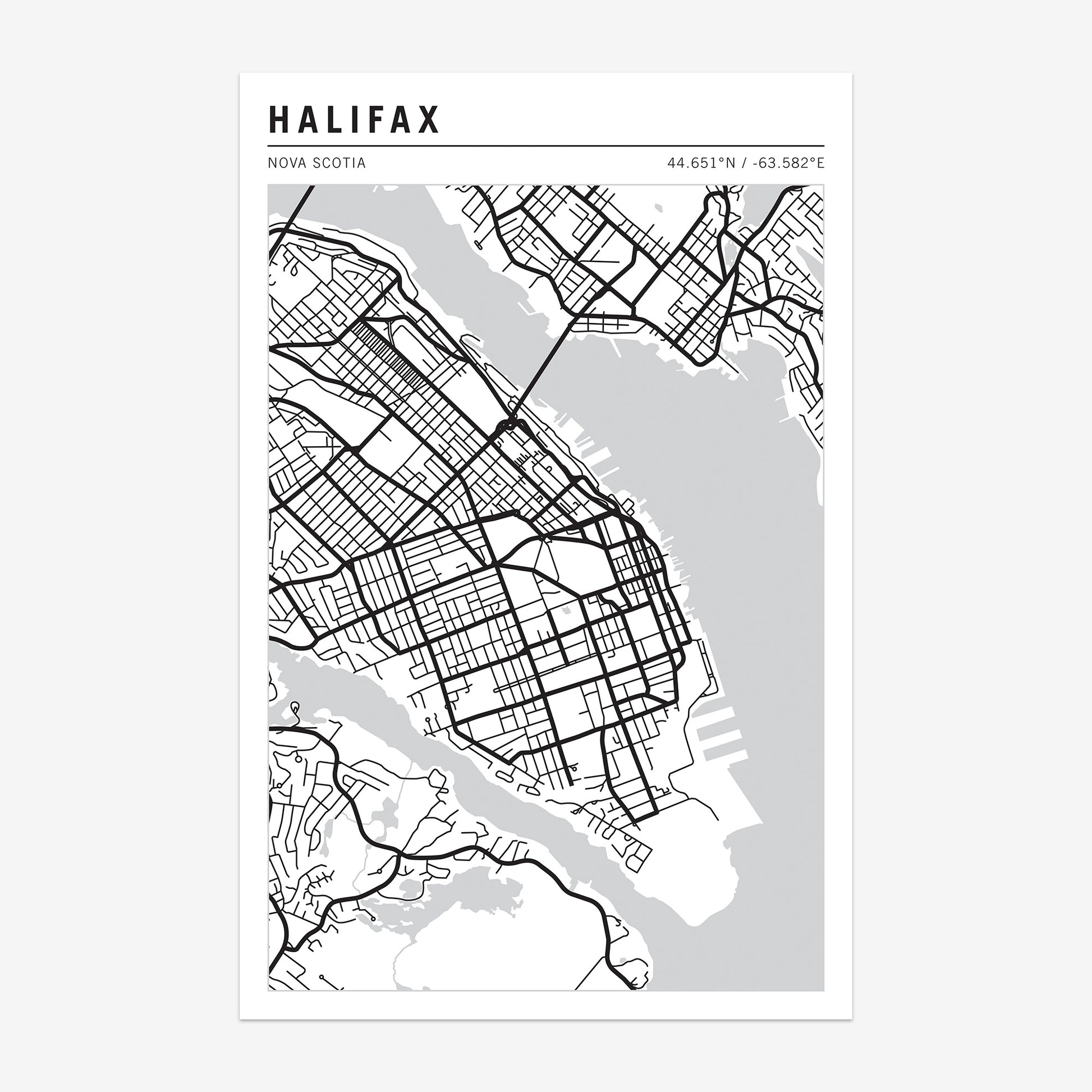 A map of Halifax, Nova Scotia. This map is in black and white.